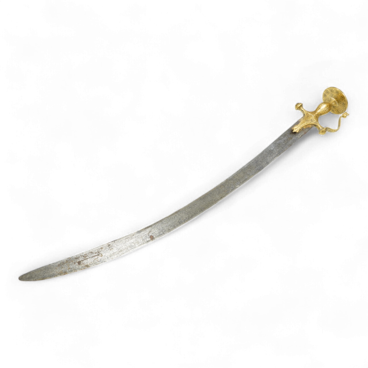 A good Indian sword tulwar, with 19th century broad curved single edge blade and iron hilt of conventional form entirely covered with flowering foliage